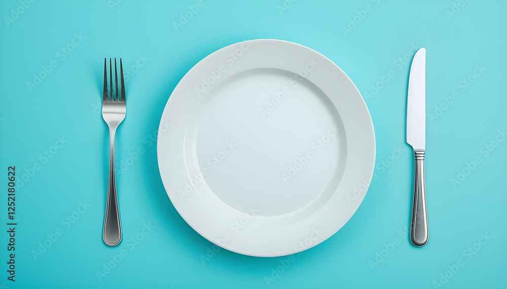 Simple Table Setting with White Plate, Fork and Knife on Turquoise Background Simple Table Setting with White Plate, Fork and Knife on Turquoise Background