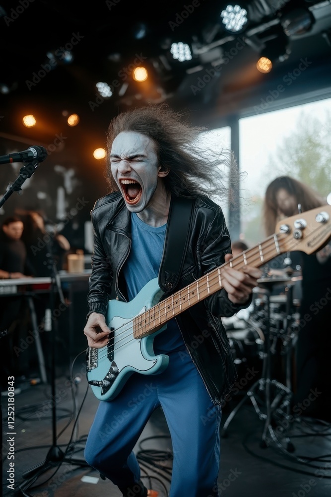 Musician Performing Energetically with Electric Bass Guitar on Stage