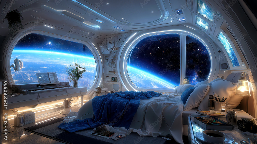 A sleek bedroom design in a futuristic space pod offers panoramic views of Earth and the cosmos, illuminated by soft lighting. A cozy bed and decor create a comfortable atmosphere. A sleek bedroom design in a futuristic space pod offers panoramic views of Earth and the cosmos, illuminated by soft lighting. A cozy bed and decor create a comfortable atmosphere.