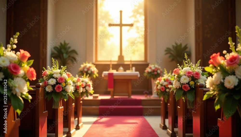 Sunlit flower arrangements on the pulpit of a chapel, sunlit, centerpieces, flowers in vases Sunlit flower arrangements on the pulpit of a chapel, sunlit, centerpieces, flowers in vases