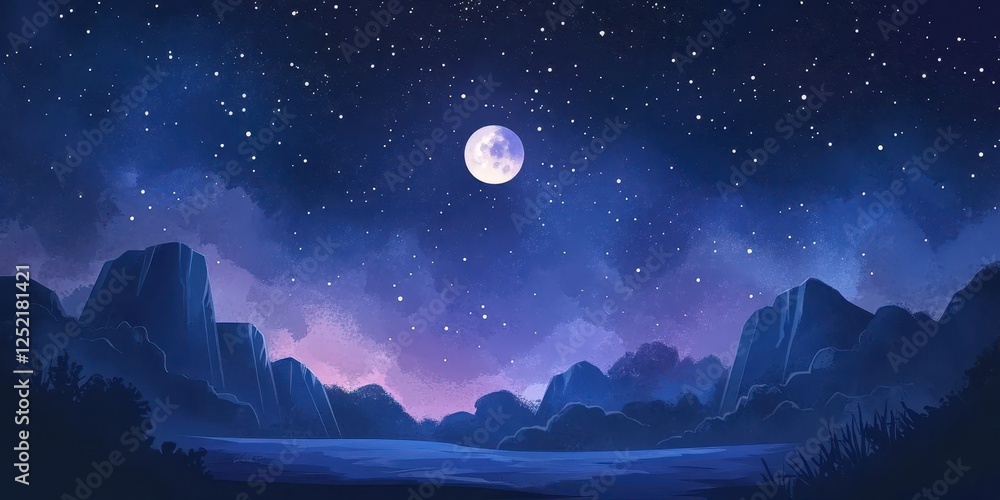 Fototapeta premium Full moon illuminates mountainous landscape under starry night sky