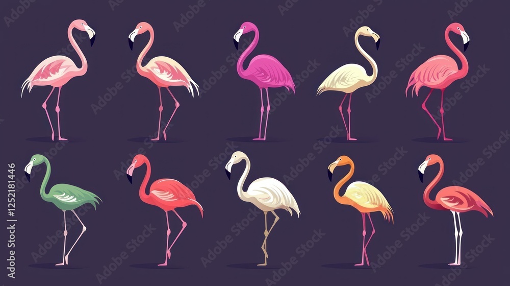 Fototapeta premium A colorful flat vector design featuring multiple flamingos in various poses, ideal for patterns or designs. 