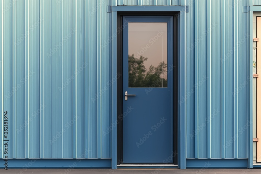 Fototapeta premium A blue door stands prominently on a sleek, corrugated metal structure, illuminated by warm sunset hues, enhancing its contemporary appeal