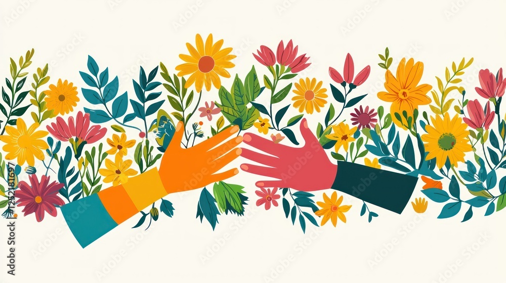 Fototapeta premium A colorful International Women's Day vector with symbolic hands and flowers. 