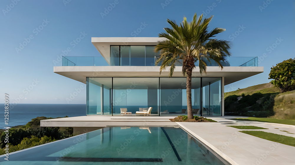 Fototapeta premium A Modern Minimalist Oceanfront Villa with Infinity Pool and Scenic Views