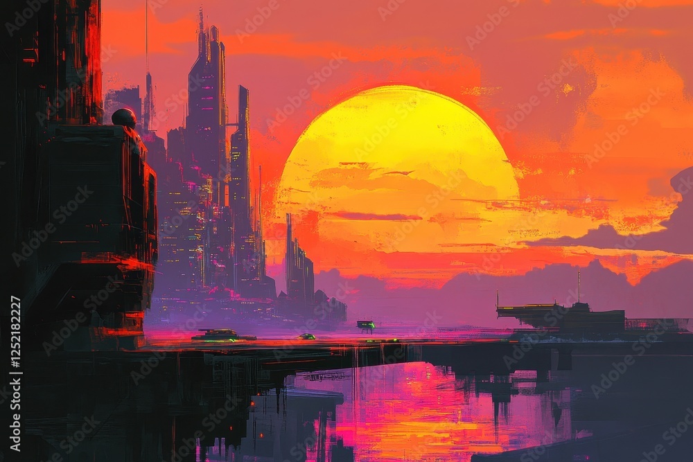 Obraz premium Futuristic city skyline at sunset reflects in the water