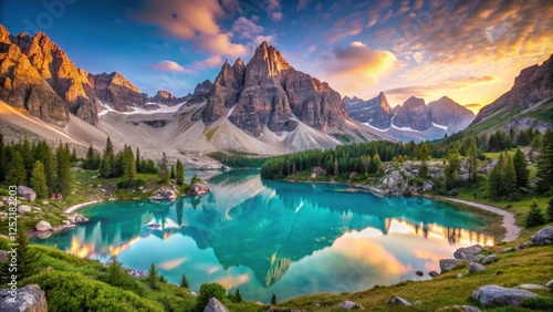 Panoramic view of majestic Sorapis lake in the Dolomites mountain range, surrounded by towering peaks and lush greenery at sunset, Italian Alps, Scenic View
