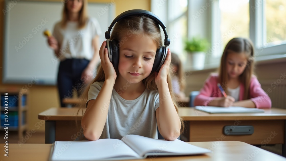A young girl with sound sensitivity wears noise-canceling headphones in class, focusing on her workbook. Her calm expression highlights the importance of sensory-friendly environments. A young girl with sound sensitivity wears noise-canceling headphones in class, focusing on her workbook. Her calm expression highlights the importance of sensory-friendly environments.