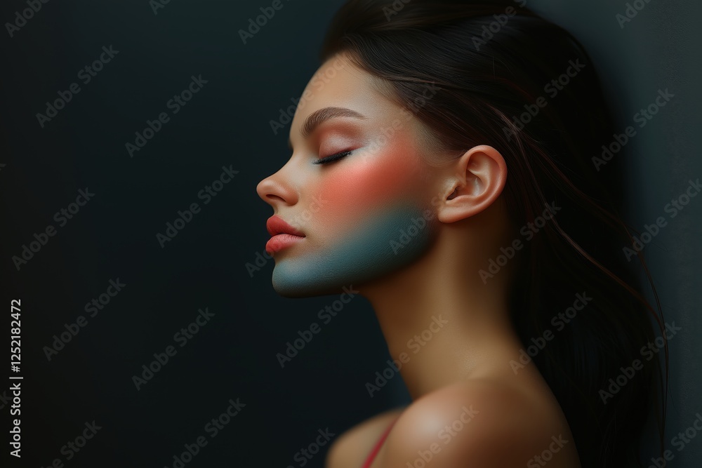 Fototapeta premium A model displays striking makeup featuring bold colors on her cheeks and jawline, captured in a dramatic side profile setting