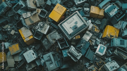 Pile of discarded electronics, a mountain of obsolete technology.  A glimpse into e-waste.