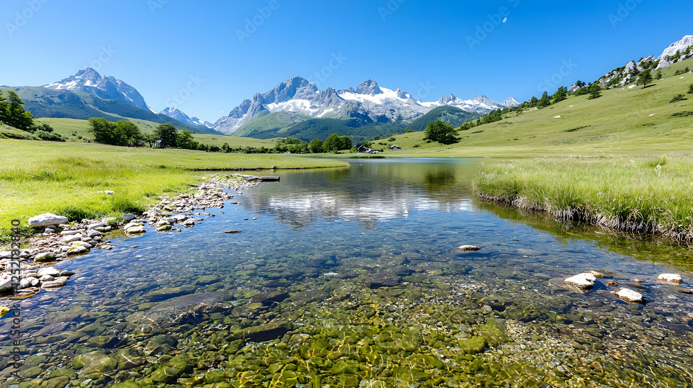 Fototapeta premium Calm mountain lake reflecting peaks, sunny day