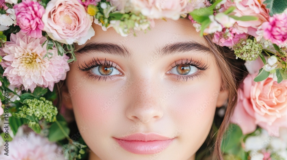 Obraz premium Woman, floral crown, beauty, portrait, spring, closeup, soft, natural light, website banner