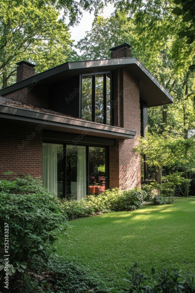 Modern brick house surrounded by lush greenery in a serene suburban neighborhood on a sunny day, showcasing large windows and an angled roof design Modern brick house surrounded by lush greenery in a serene suburban neighborhood on a sunny day, showcasing large windows and an angled roof design