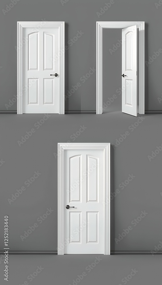 doors opening 3d wooden different rendering white set stages door entrance open three-dimensional white doorway enter handle exit frame isolated closed wall wood concept house interior indoor