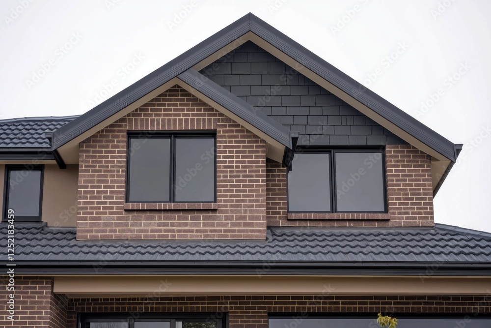 Modern residential architecture showcases stylish brickwork and sleek window design in a suburban neighborhood on a cloudy day Modern residential architecture showcases stylish brickwork and sleek window design in a suburban neighborhood on a cloudy day