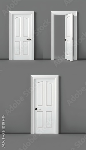 Obraz na płótnie doors opening 3d wooden different rendering white set stages door entrance open three-dimensional white doorway enter handle exit frame isolated closed wall wood concept house interior indoor w salonie
