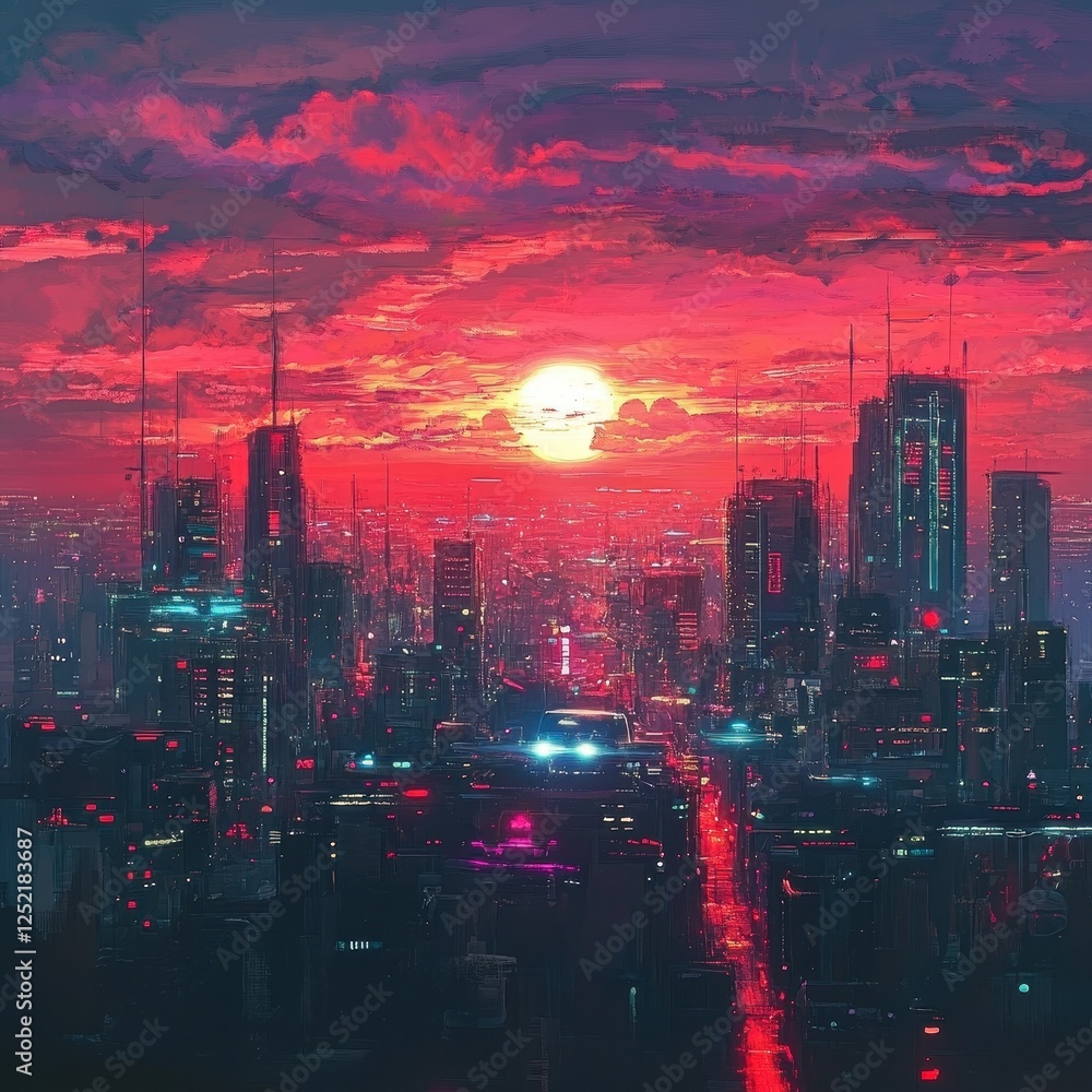 Fototapeta premium Vibrant cityscape with futuristic buildings illuminated under a dramatic sunset