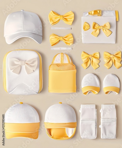 Baby's Yellow and White Outfit Accessories: Caps, Bags, and Bows