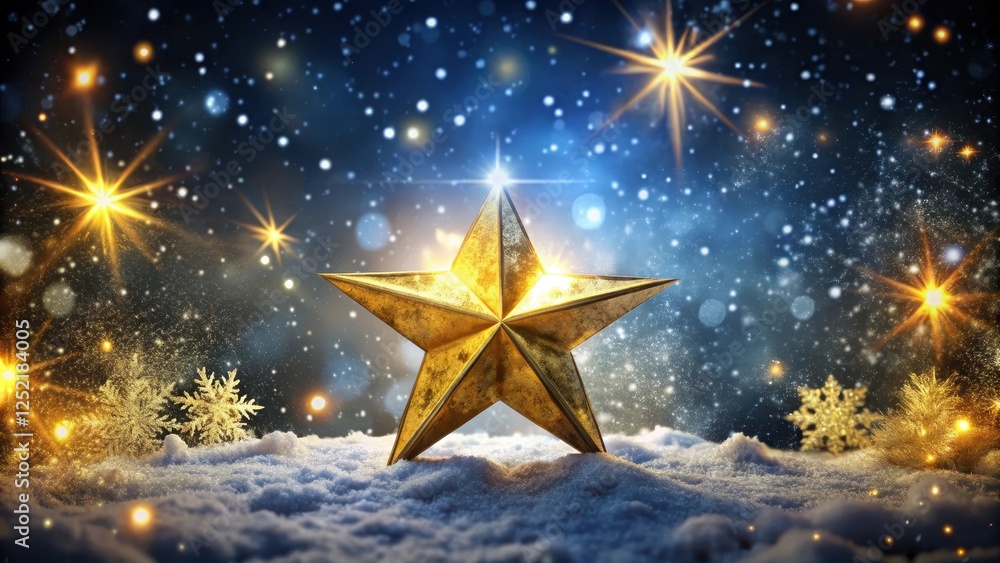 A golden star shining brightly in a dark night sky, surrounded by snowflakes and stars A golden star shining brightly in a dark night sky, surrounded by snowflakes and stars