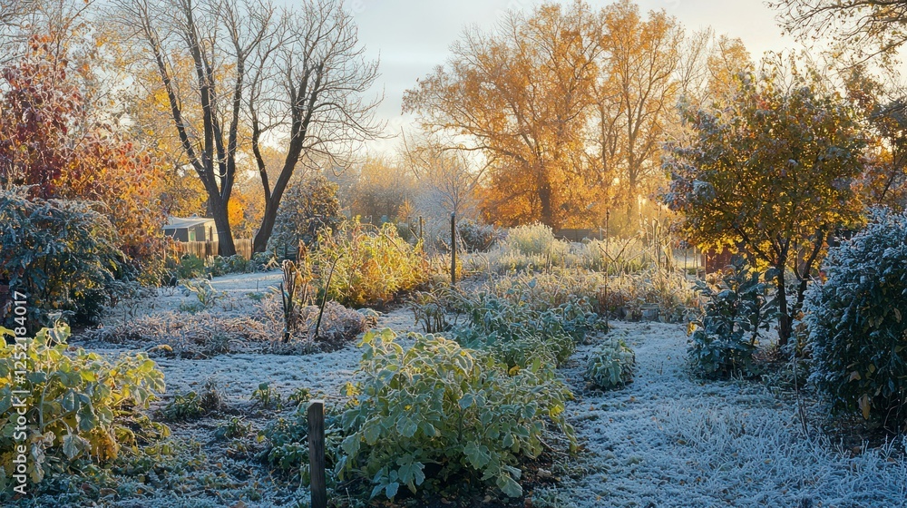 Fototapeta premium A crisp autumn morning in a backyard vegetable garden, with frost-tipped plants and golden light. 