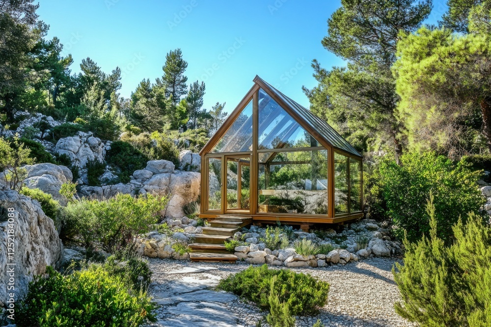 Modern glass house nestled in a serene natural landscape offers a tranquil retreat amidst lush greenery and rocky terrain Modern glass house nestled in a serene natural landscape offers a tranquil retreat amidst lush greenery and rocky terrain