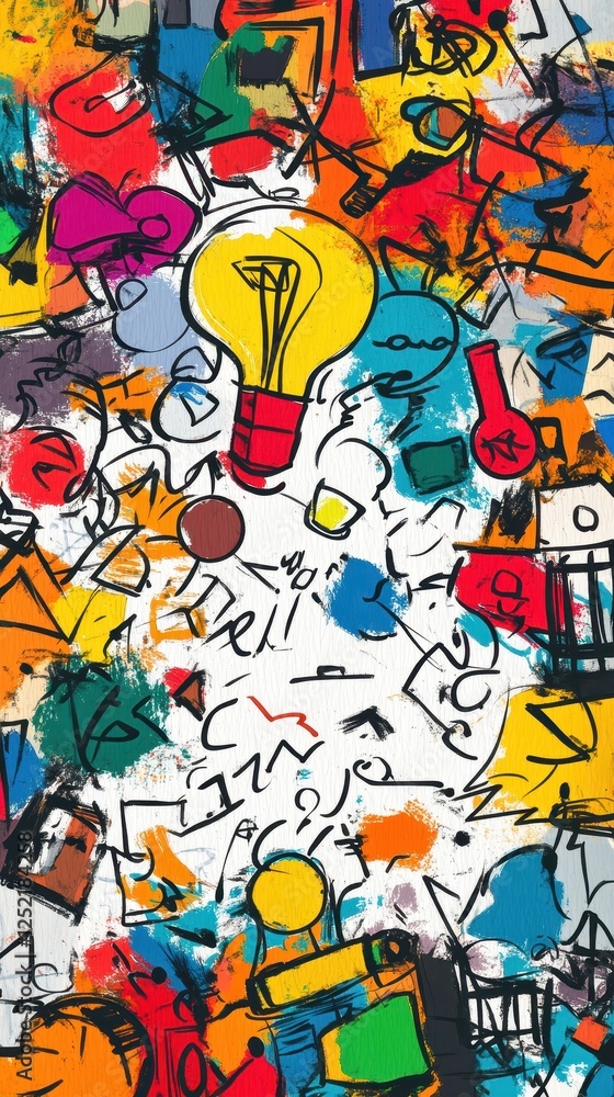 Colorful abstract painting showcasing lightbulb icons and various scribbles Colorful abstract painting showcasing lightbulb icons and various scribbles