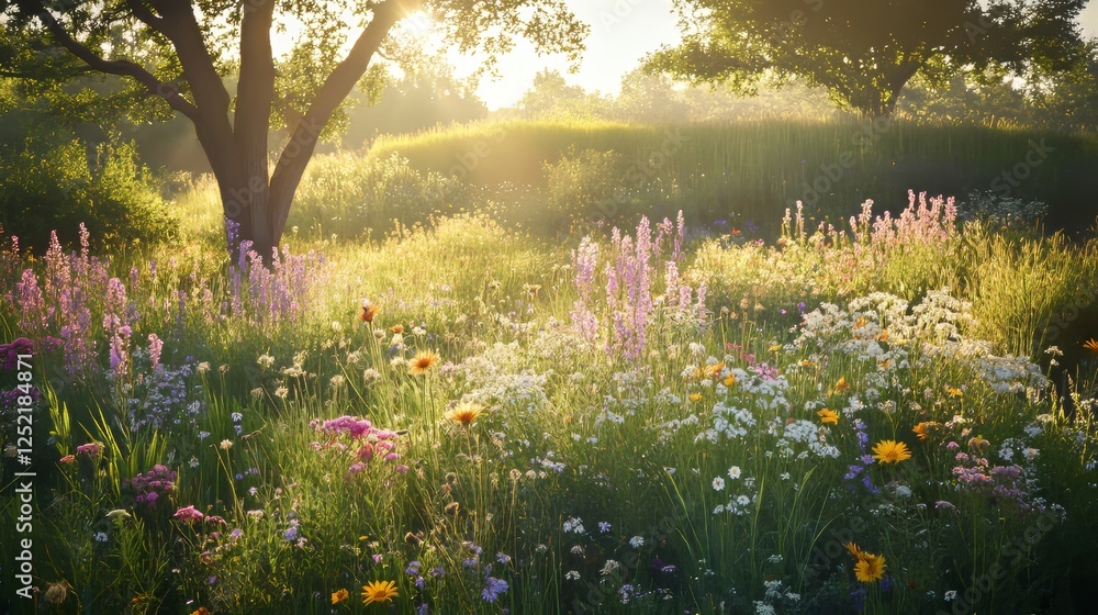 Fototapeta premium Sunlit wildflower meadow with vibrant blossoms and lush greenery in warm hues.