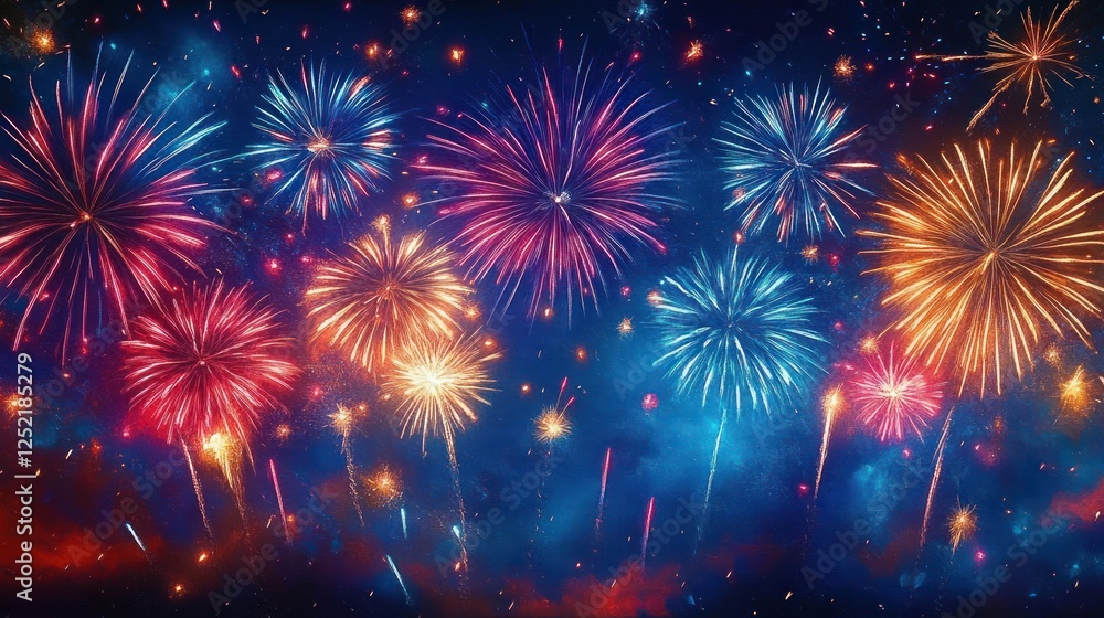 Naklejka premium Colorful Fireworks Celebration Night Sky Art New Year 2025 Festival Bright Explosions Abstract Background