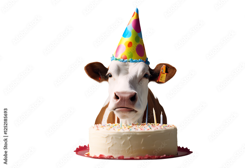 white cupcake sweet animal front isolated baked party birthday bovine candle cow cake food farm background hat wearing happy holiday anniversary celebration dessert