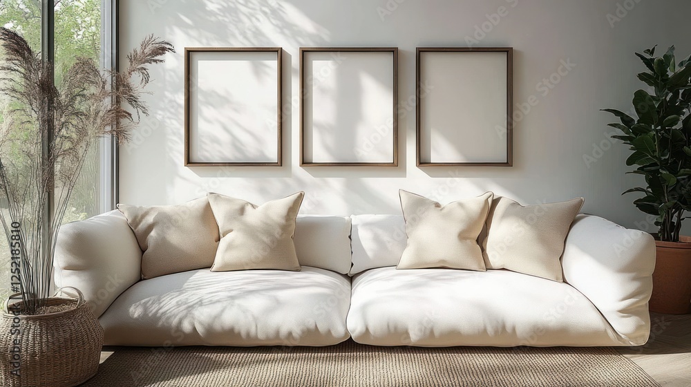 cozy minimalist living room with white sofa beige pillows and empty frames soft lighting elegant decor space cozy minimalist living room with white sofa beige pillows and empty frames soft lighting elegant decor space