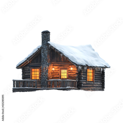 Cozy Log Cabin with Lit Window and Snow-Covered Roof Isolated on Transparent Background