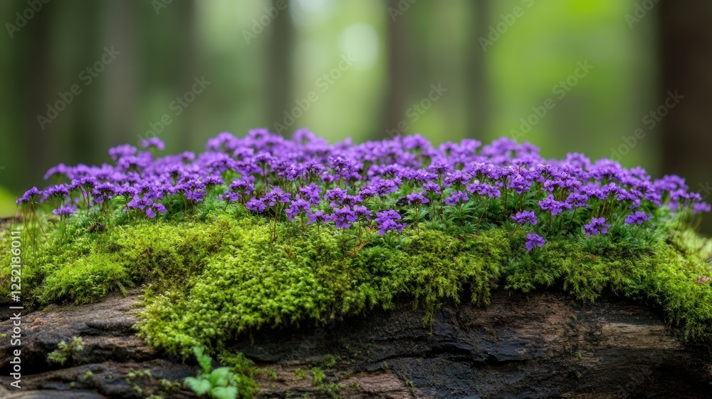 Obraz premium Purple Flowers Blooming on Moss Covered Log