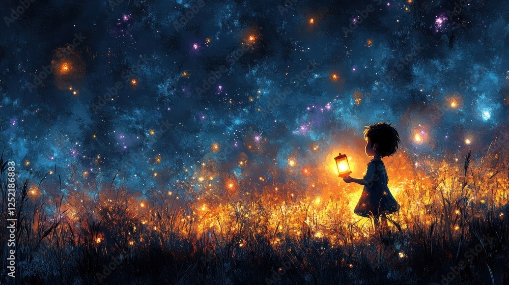 Girl holds lantern, magical night field, starry sky, fantasy art, book cover