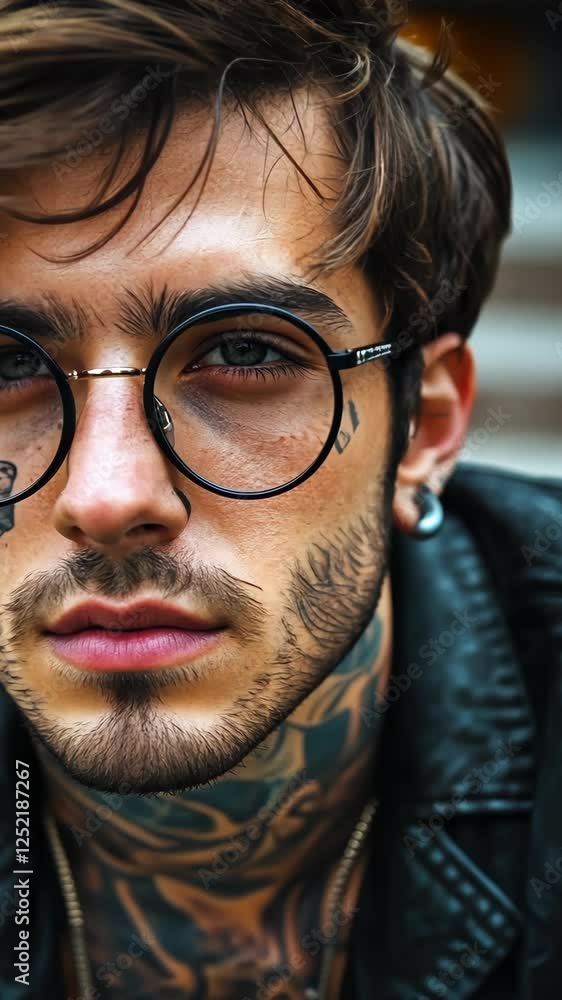 Young man with tattoos and glasses poses in urban setting for a close-up portrait during daylight Young man with tattoos and glasses poses in urban setting for a close-up portrait during daylight