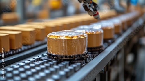 Wallpaper Mural Robotic arm packaging desserts on a conveyor belt in a busy factory with vibrant background Torontodigital.ca