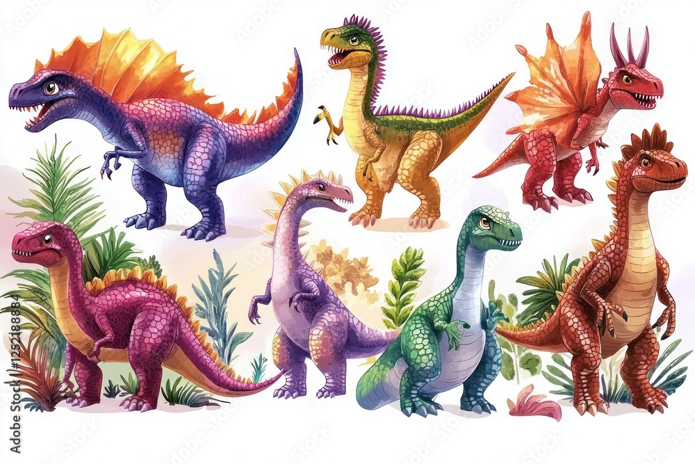 Fototapeta premium Vibrant Dinosaur Illustration with Detailed Scales and Colors for Children