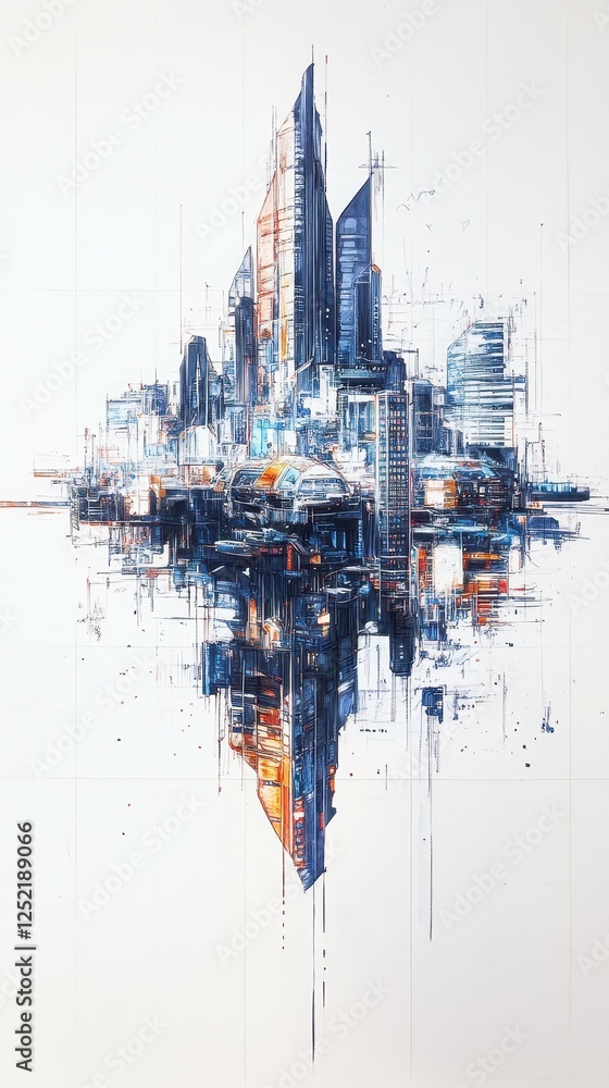 Fototapeta premium Architectural sketch of a futuristic city with inverted reflection