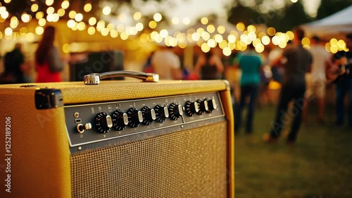 Retro guitar amp with warm tones and a blurred background of an outdoor music festival, with string lights in the background.