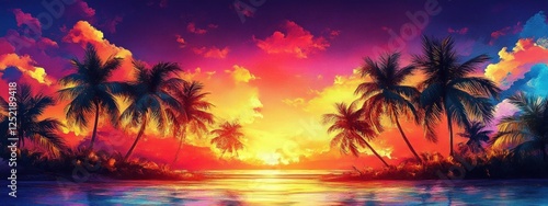 Vibrant Tropical Sunset Landscape with Palm Trees Silhouettes in Impressionist Style