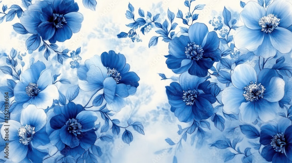 Obraz premium Blue and White Floral Pattern Botanical Illustration for Fabric Design Wallpaper and Background