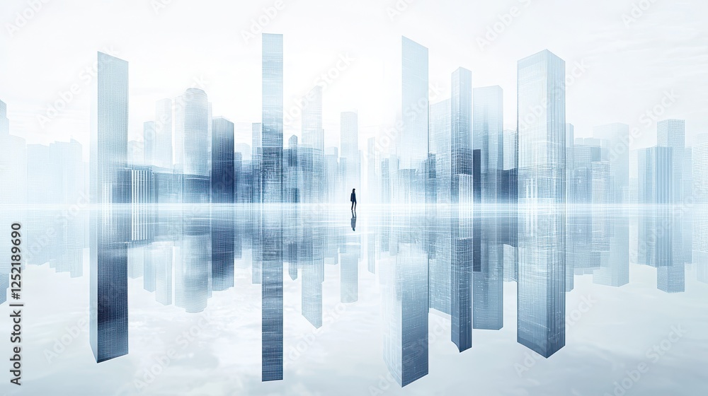 Person standing in a surreal modern city landscape Person standing in a surreal modern city landscape