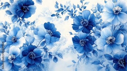 Blue and White Floral Pattern Botanical Illustration for Fabric Design Wallpaper and Background