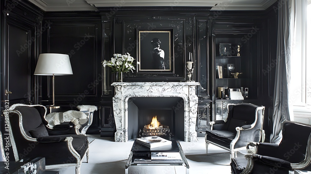 Fototapeta premium Elegant Black and White Parisian Living Room with Marble Fireplace