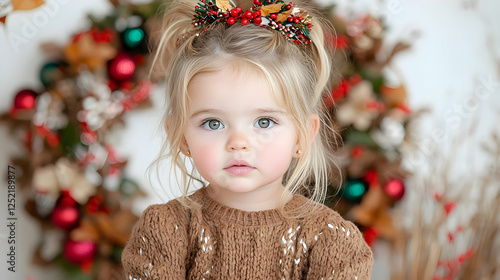 Toddler girl Christmas portrait, wreath backdrop, holiday photoshoot