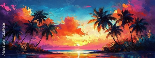 Tropical Sunset Palm Tree Landscape Art in Impressionist Style Vibrant Caribbean Colors