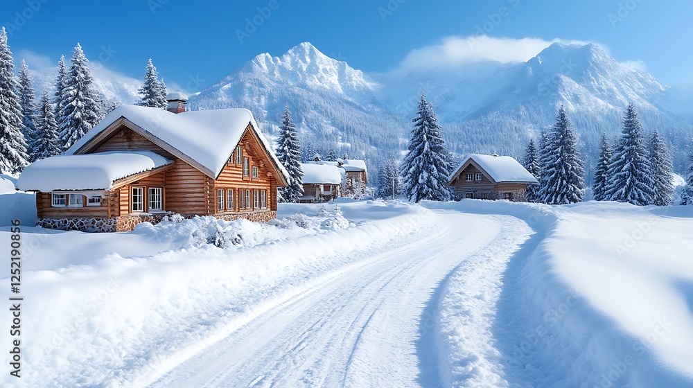 Snowy Mountain Village Winter Cabin Scene Snowy Mountain Village Winter Cabin Scene