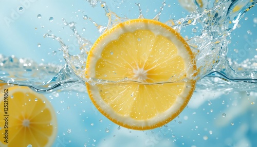 Refreshing Lemon Slice Splashing in Crystal Clear Water