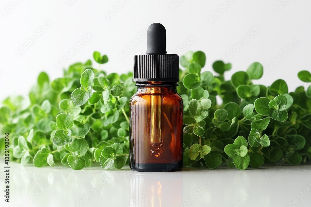 Bacopa monnieri extract in amber dropper bottle on white background Bacopa monnieri extract in amber dropper bottle on white background