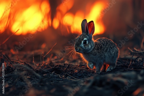 Scared creature in the woods during fire - animal survival, burning trees, wildfire hazard, environmental security, species defense, forest peril, fauna care, fire emergency, ecosystem safety. photo