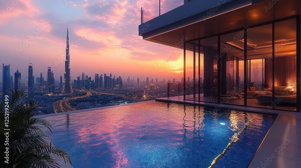 Obraz premium Luxury Rooftop Infinity Pool Overlooking Dubai Skyline at Sunset with Modern Architecture